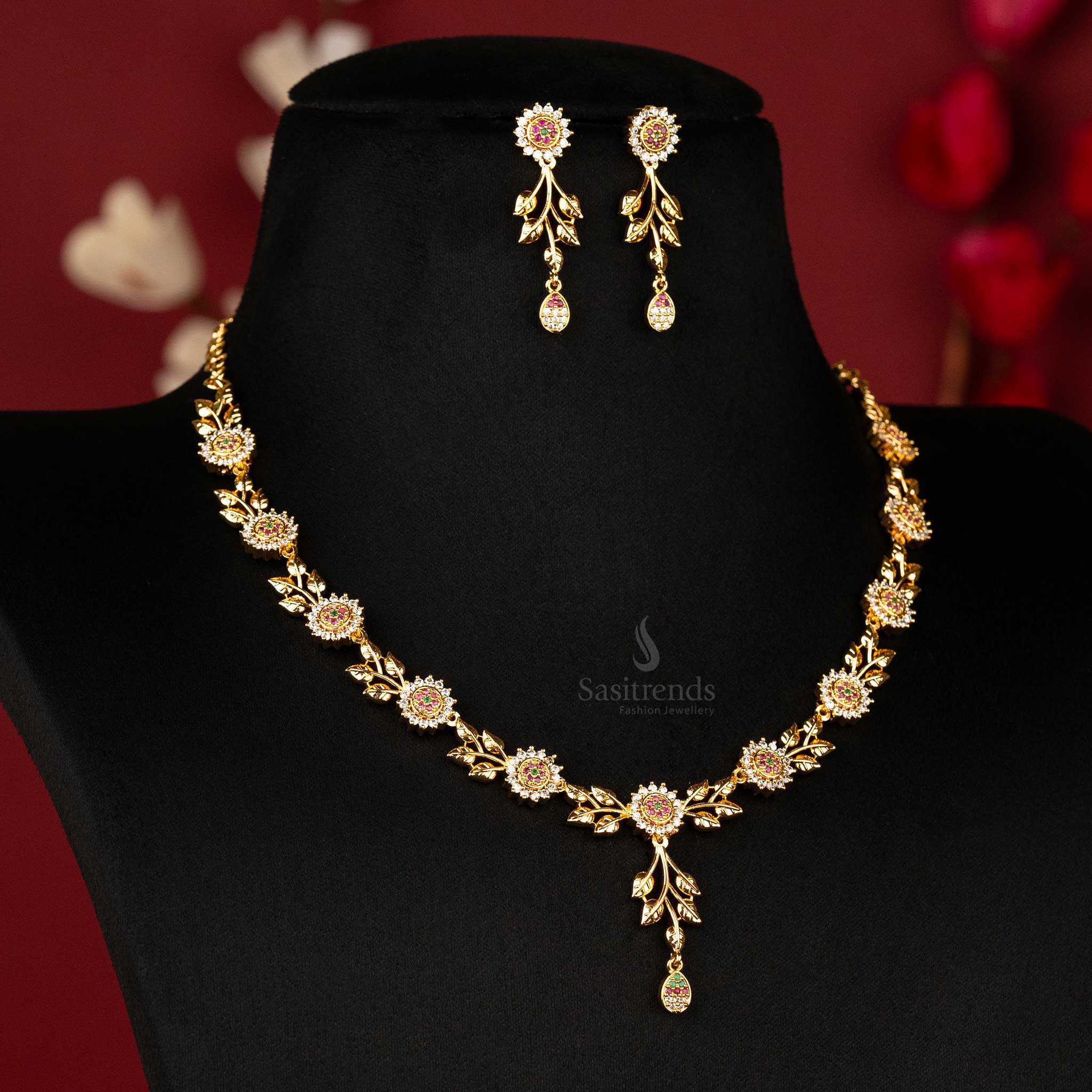 American Diamond gold plated floral collar hot necklace set with earrings