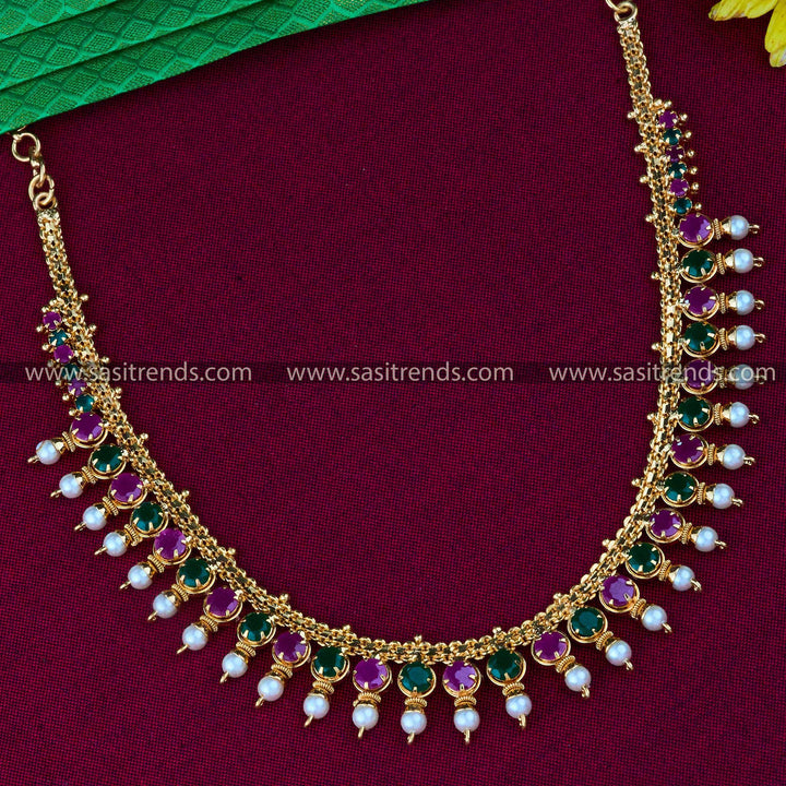 Exquisite Traditional Pearl Necklace: Micro Gold Plated & American Diamond Stones - Sasitrends