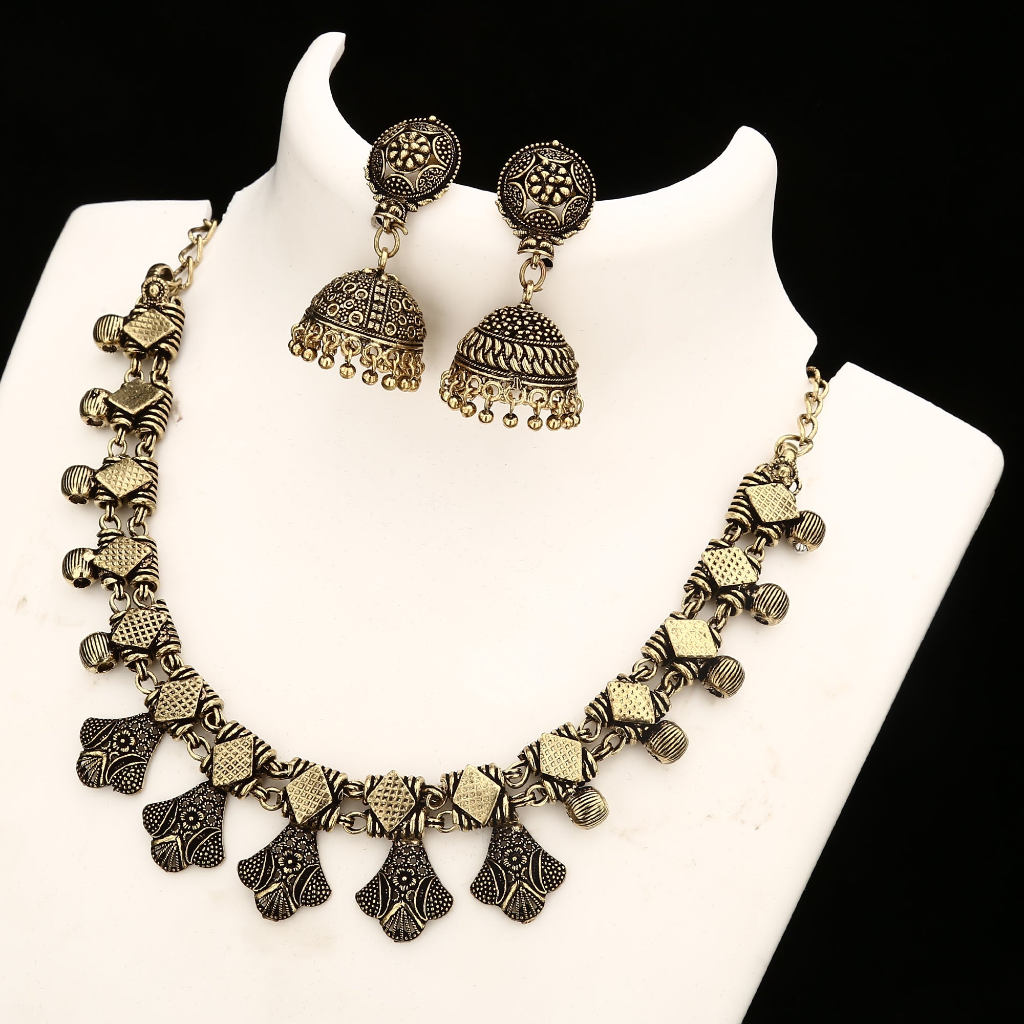 Trendy Oxidised Antique Golden Jewellery Set With Jhumka Earrings - Sasitrends