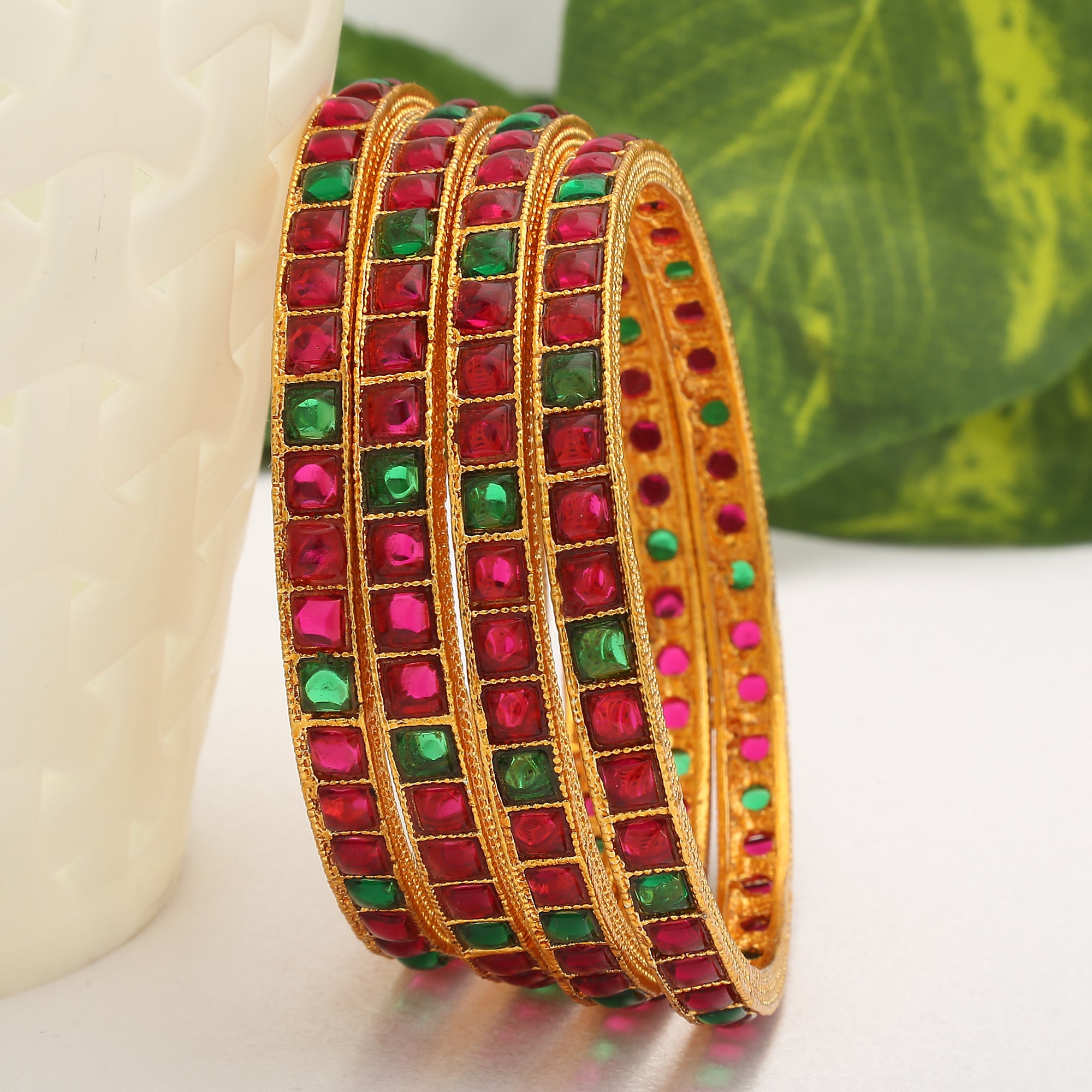 Pink Green Square Stone Antique Gold Bangles