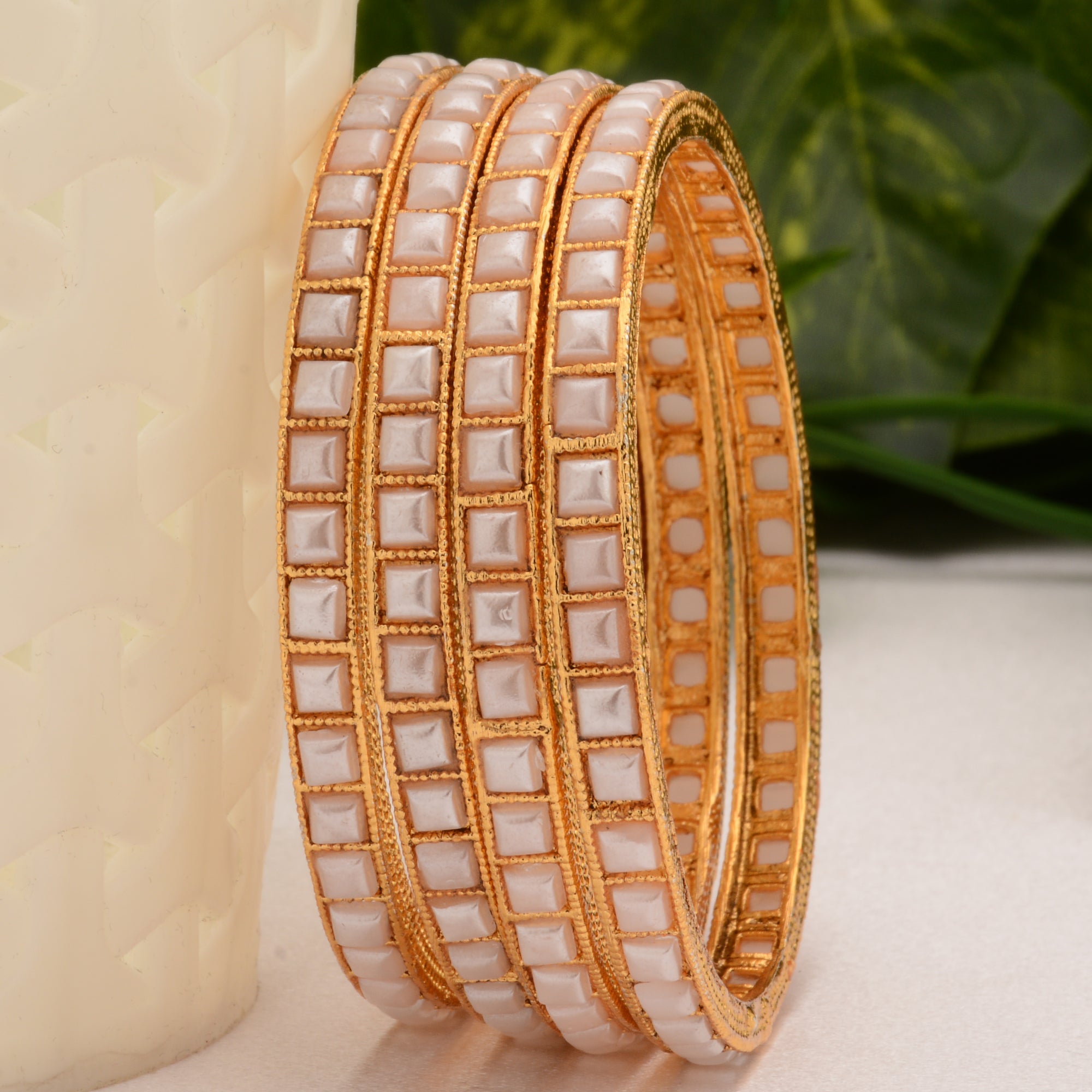 White Stone Antique Gold Bangles 