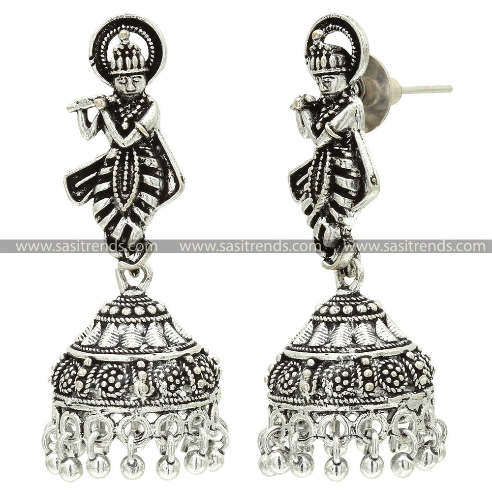 Traditional Divine Krishna Motif Oxidised Jhumka Earrings with Beads 