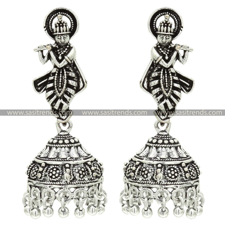 Oxidised Silver Jhumka Earrings with Lord Krishna Motif and Bead Embellishments 