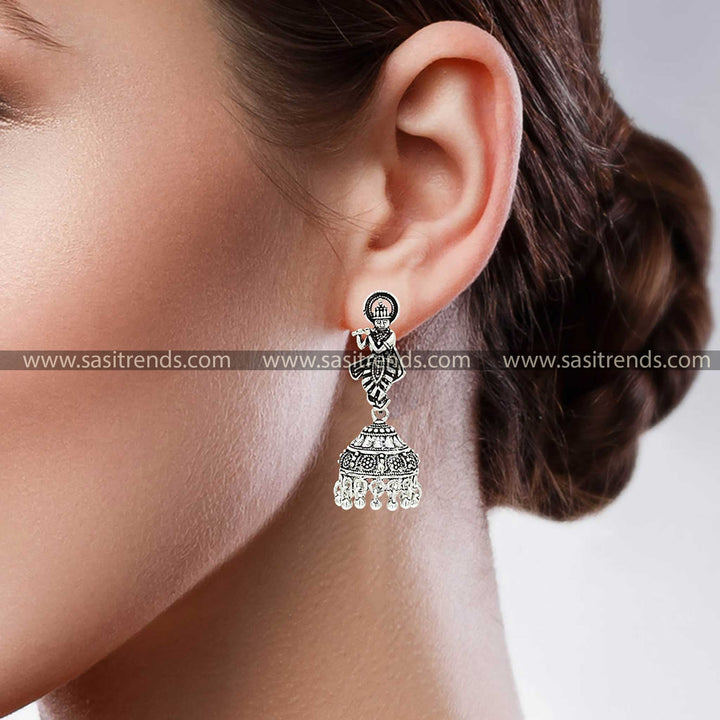 Elegant Oxidised Silver Earrings with Krishna Figure Design and Hanging Beads 