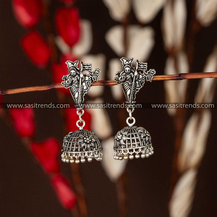 Intricate oxidised silver jhumka earrings featuring Bharat Mata motif, perfect for cultural celebrations