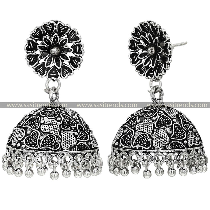 Classic Oxidised Silver Jhumkas with Delicate Heart Embellishments 