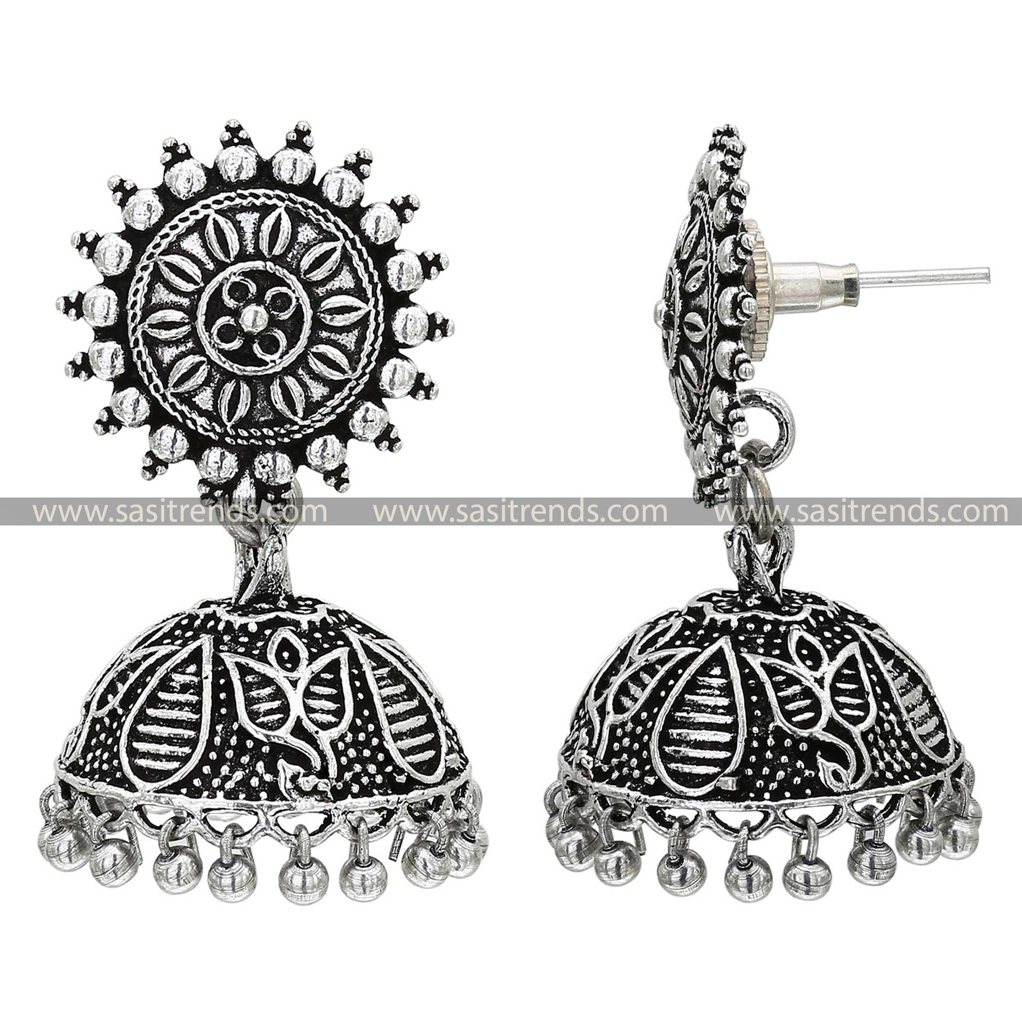 Intricate Floral Design on Traditional Oxidised Jhumka Earrings 