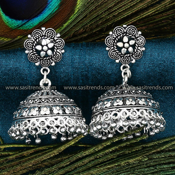 Handcrafted Oxidised Silver Floral Jhumkas Perfect for Ethnic Wear 