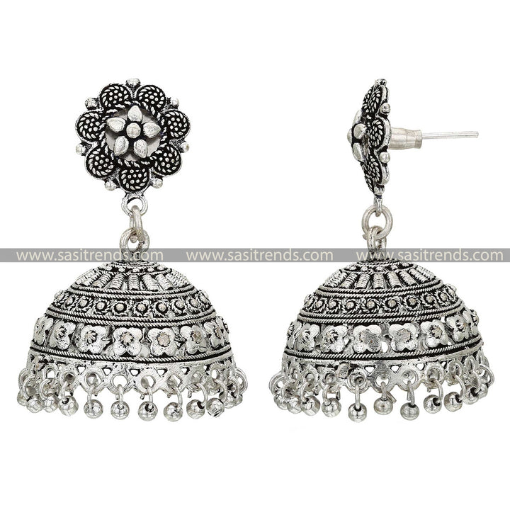 Handcrafted Oxidised Silver Floral Jhumkas Perfect for Ethnic Wear 