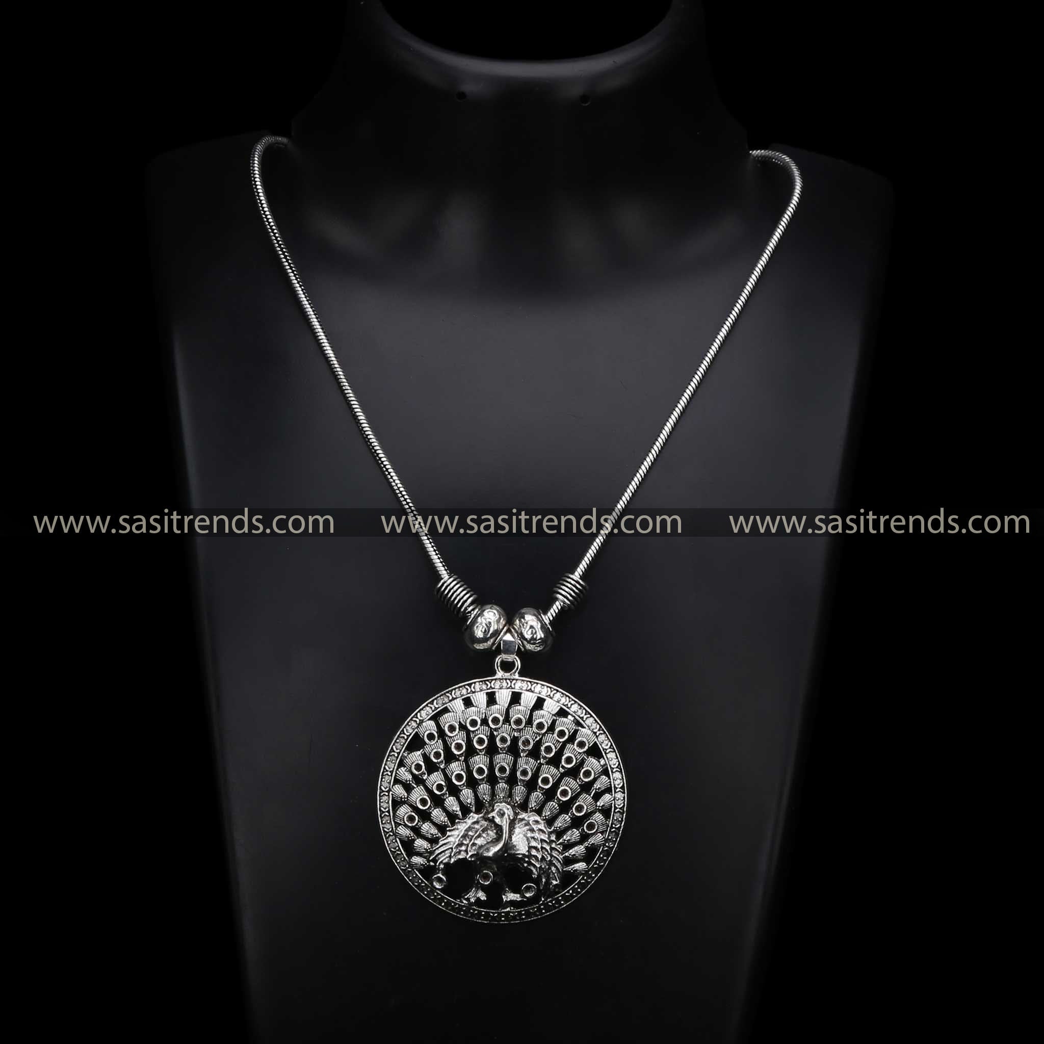 Elegant Oxidised Silver Circular Necklace with Peacock Embellishment 