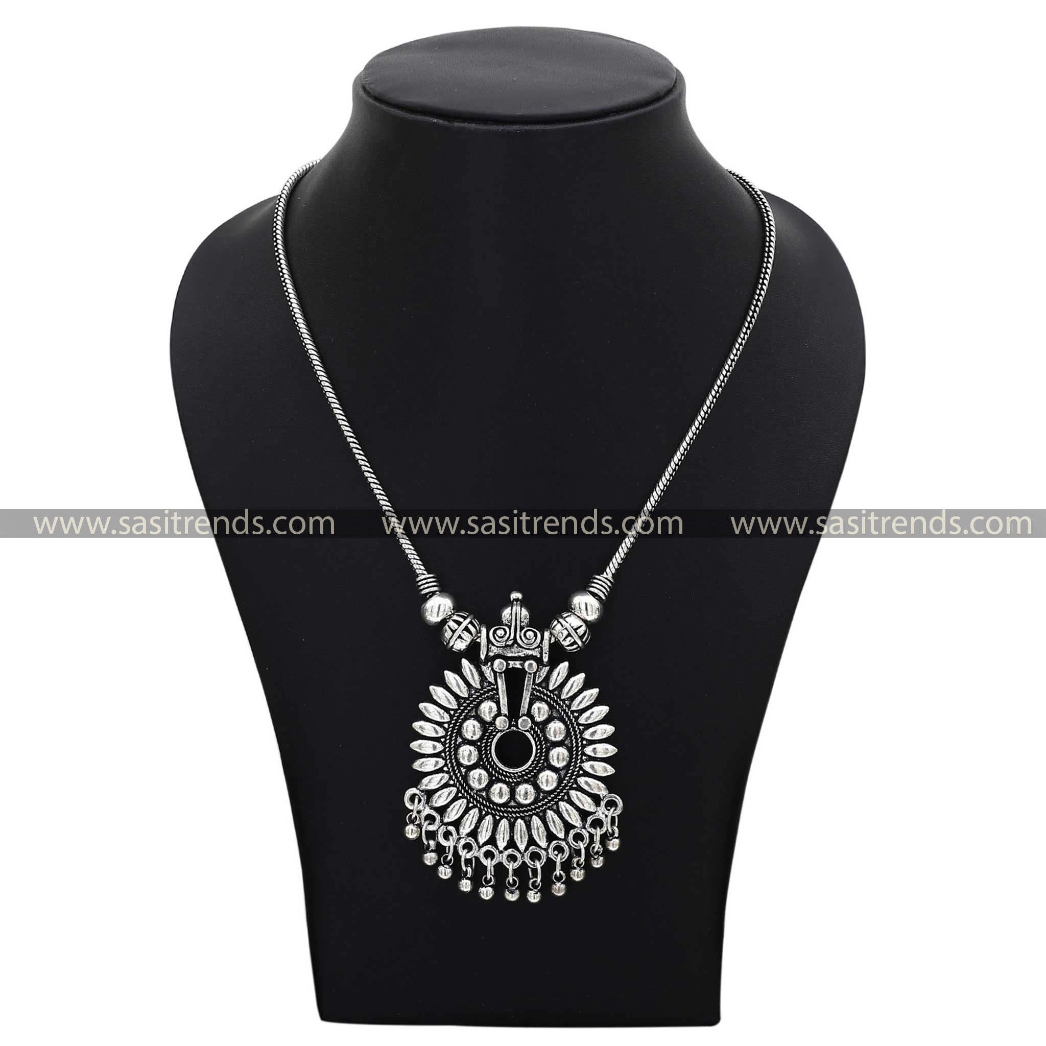 Tribal crescent detailed oxidised pendant on a traditional necklace sasitrends online shopping