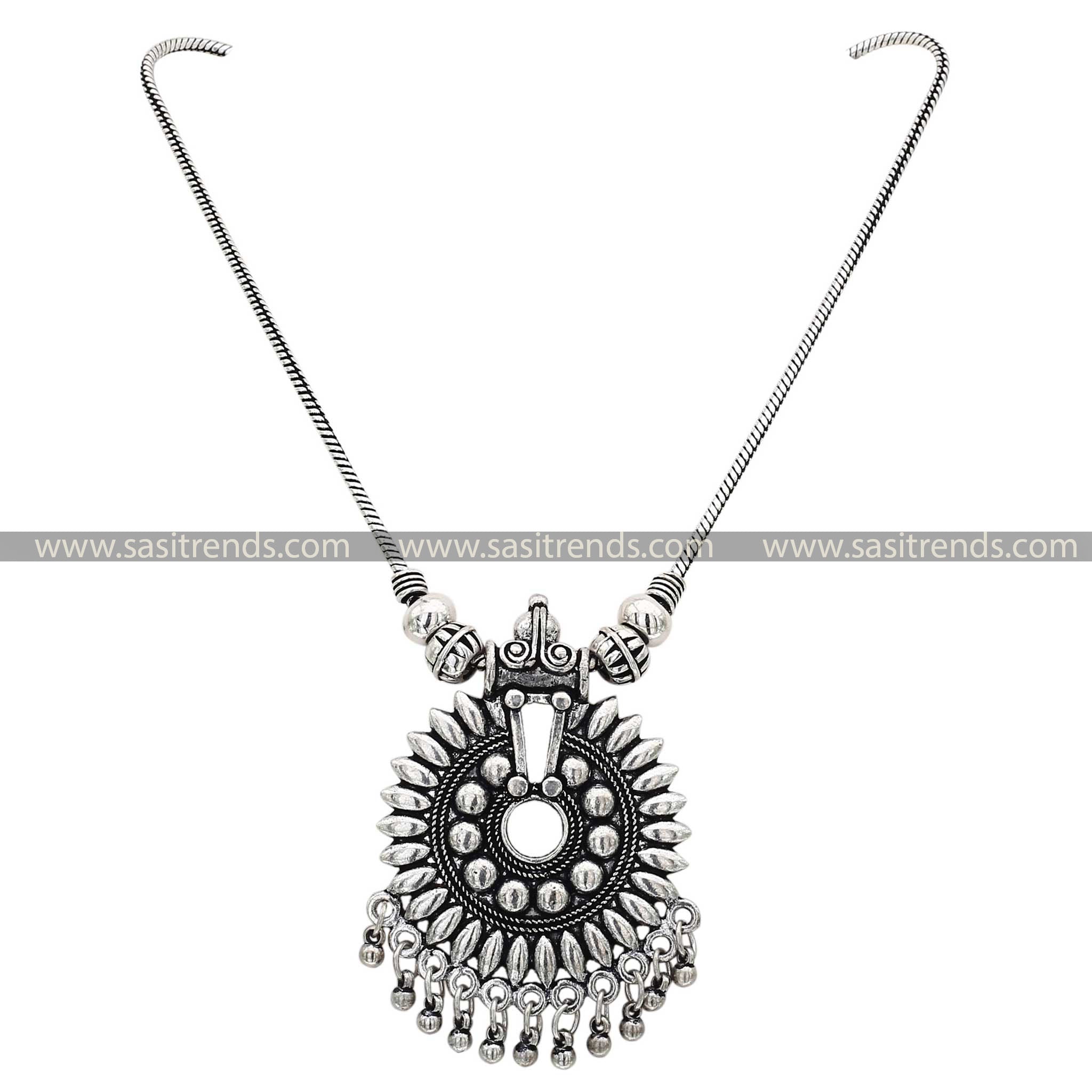 Oxidised chain with droplet charms and central embellished pendant navarathiri elegance