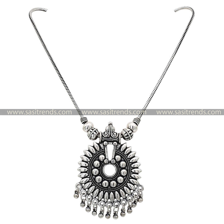 Oxidised chain with droplet charms and central embellished pendant navarathiri elegance