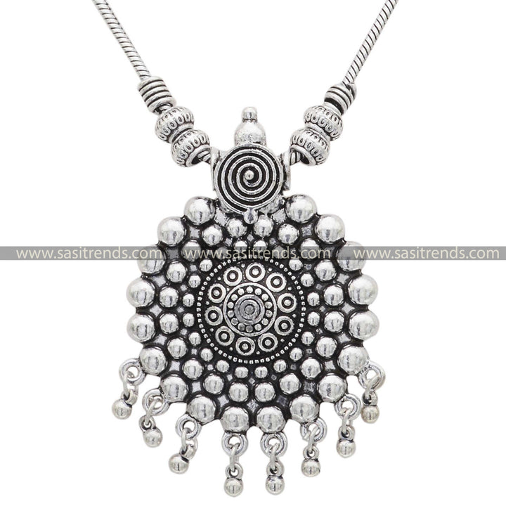 Ethnic oxidised jewellery with circular pattern and beaded fringe sasitrends online shopping