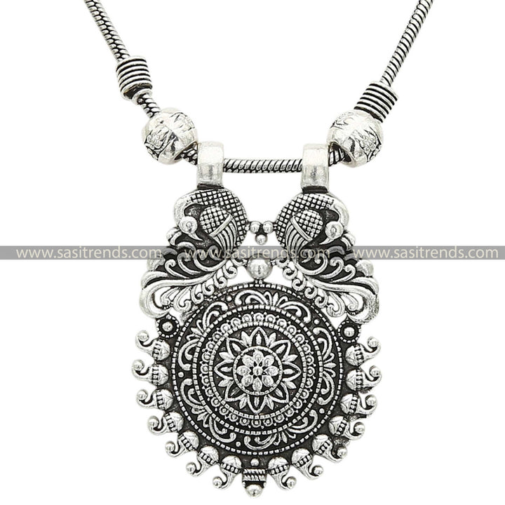 Exquisite Floral Center Peacock Pendant in Oxidised Silver Sasitrends Online Shopping