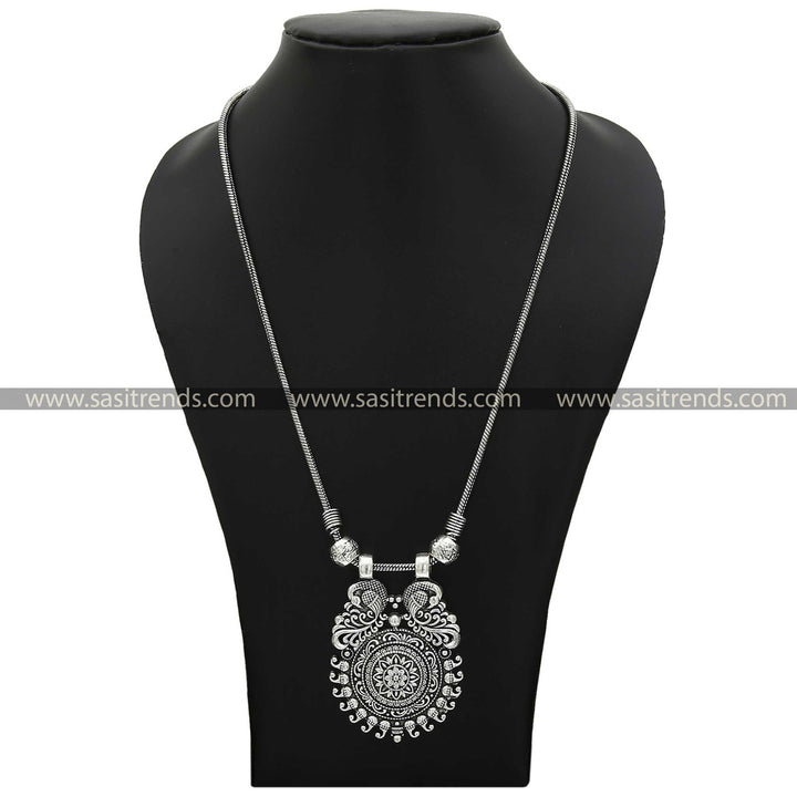 Artisan Oxidised Silver Peacock Pendant with Detailed Beadwork Sasitrends Online Shopping