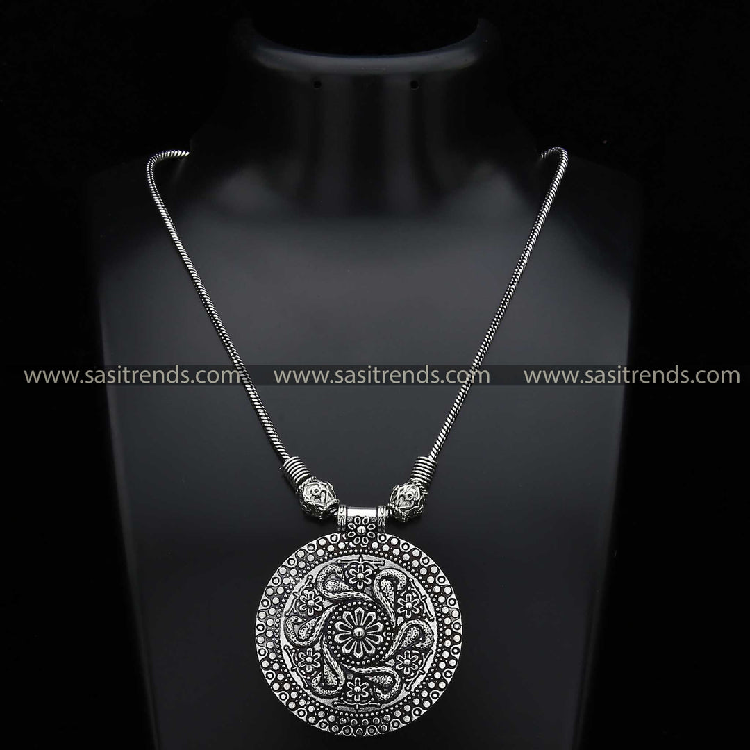 Oxidised necklace with floral and peacock design niranjana pendant sasitrends