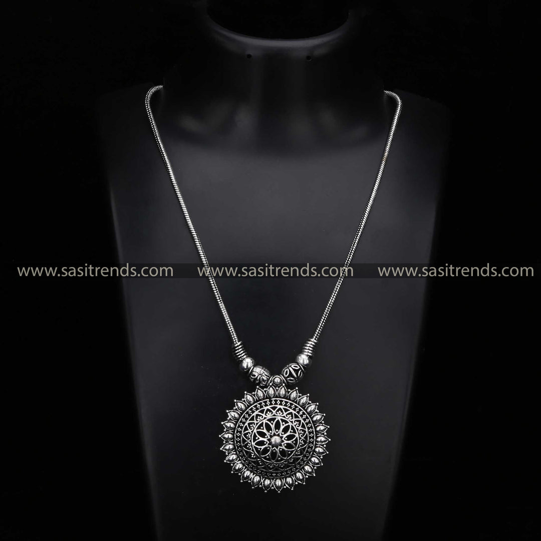 Oxidised Silver Necklace with Detailed Mandala Pendant Navarathir Special