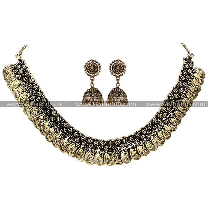 Sasitrends Oxidised Antique Gold Lakshmi Coin Necklace with Earrings for Women and Girls 