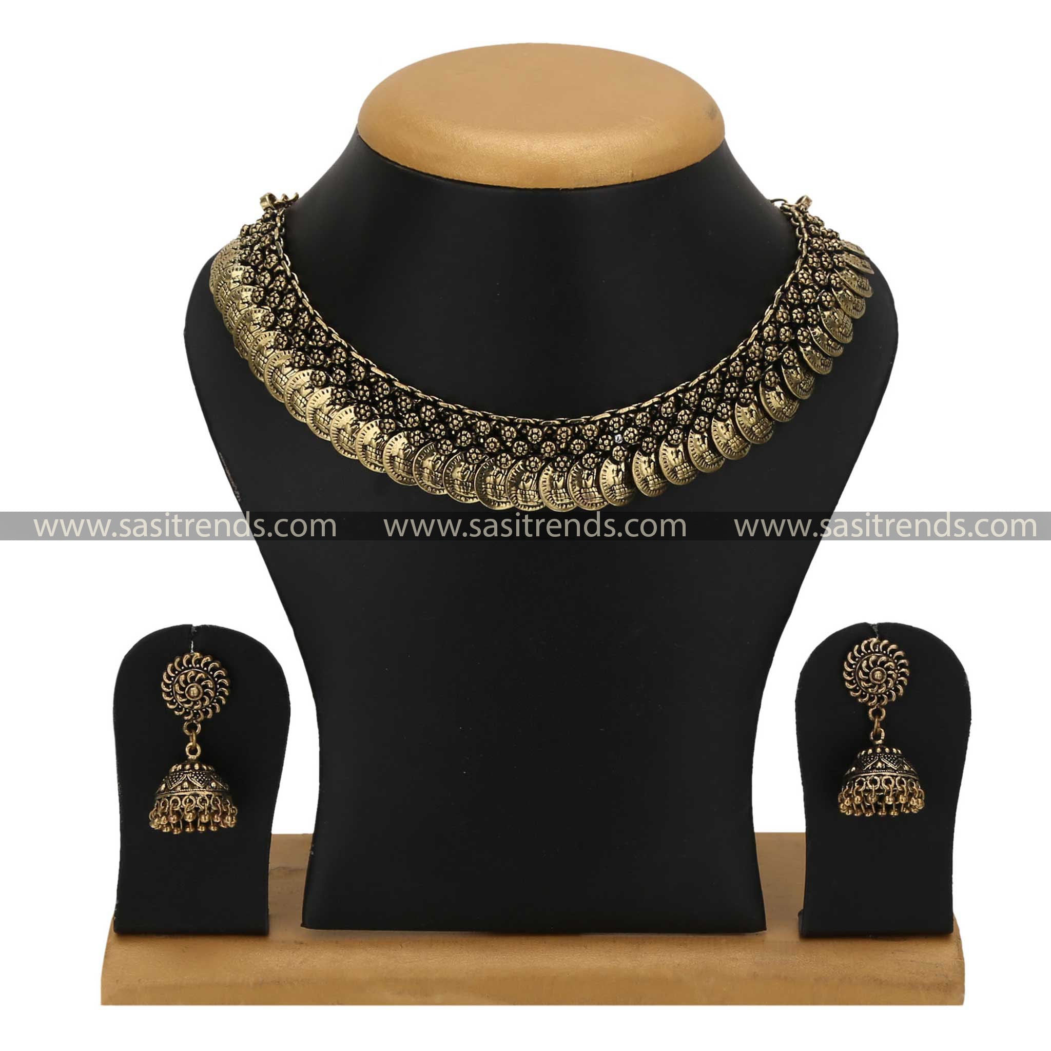 Sasitrends Oxidised Antique Gold Lakshmi Coin Necklace with Earrings Jewellery Set