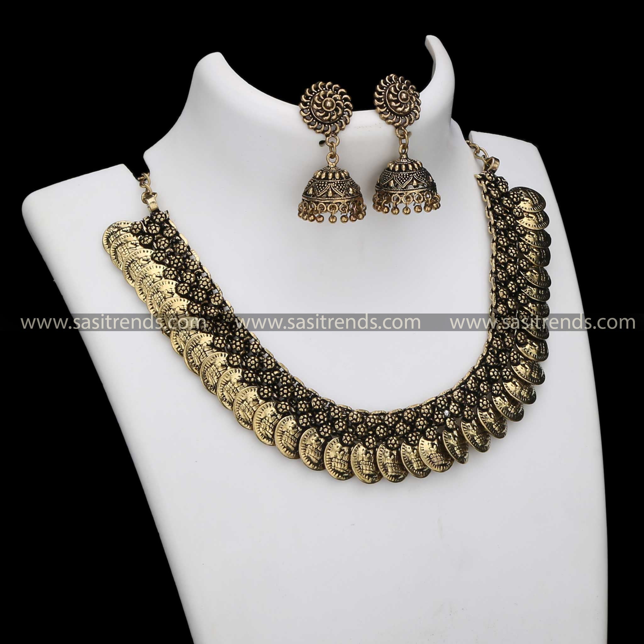 Sasitrends Oxidised Antique Gold Lakshmi Coin Necklace with Earrings for Women and Girls - Sasitrends