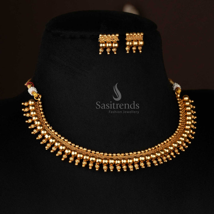 Elegant Classic Temple Matte Gold Plated Ball Necklace Jewellery Set with Earrings - Sasitrends