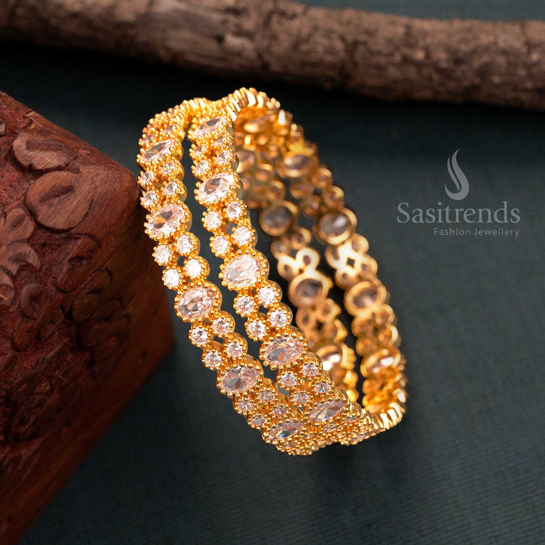 Luxurious micro gold-plated white American diamond bangles, an exquisite heritage-inspired traditional jewellery piece for festive occasions for women - Sasitrends