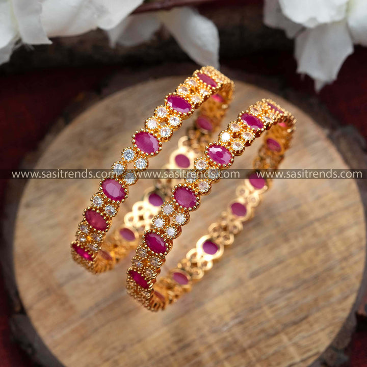 Traditional Micro Gold Plated AD Red Stone Bangles Online - Sasitrends