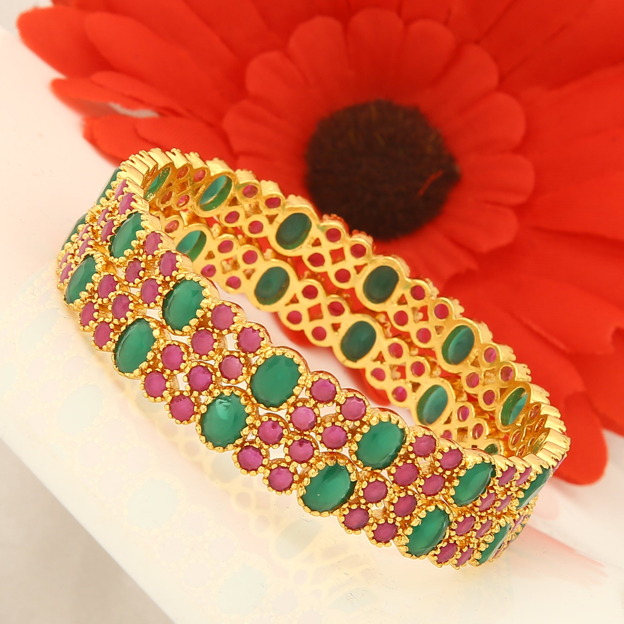 Guaranteed Micro Gold Plated Ruby Green AD Stone Bangles Set - Sasitrends