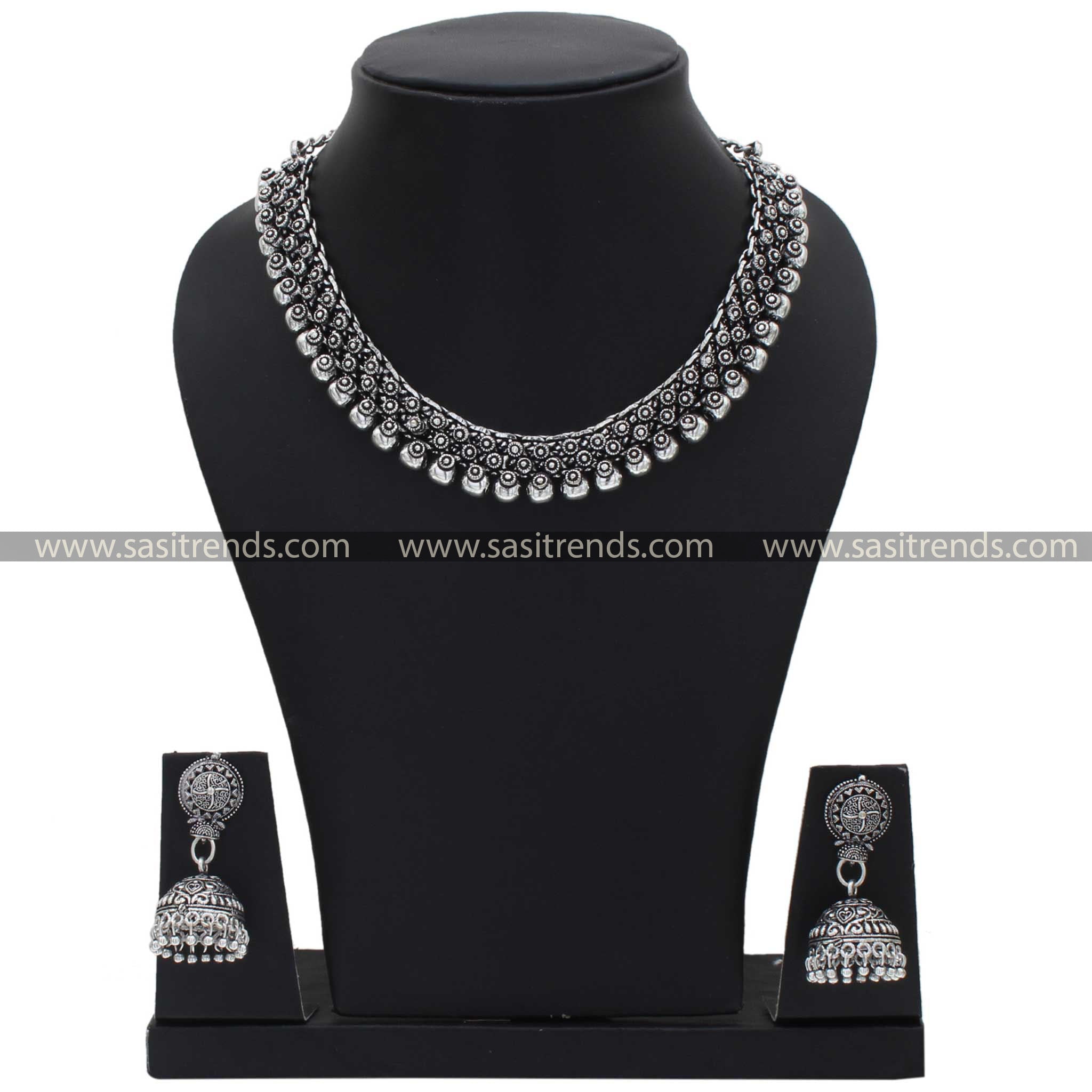 Madhura Oxidised Silver Necklace and Jhumka Set - Ethnic Elegance