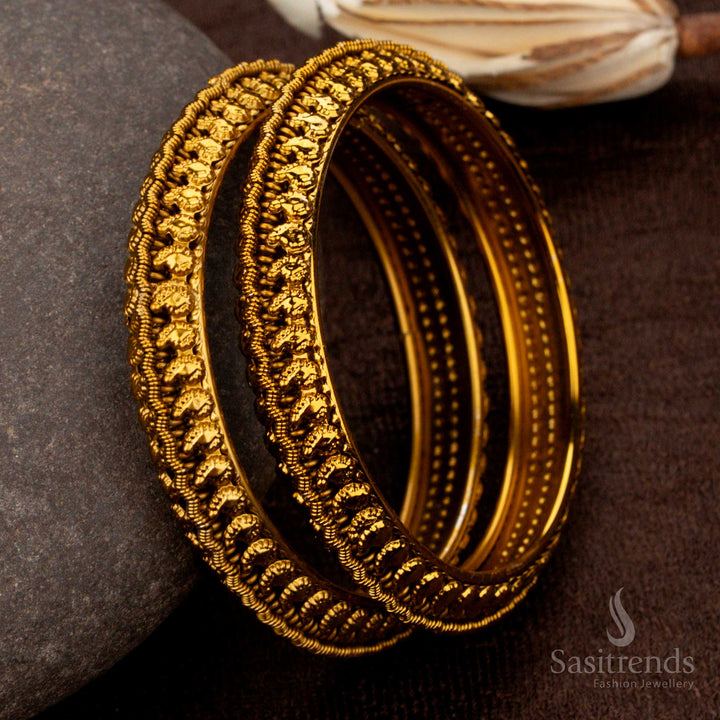 Gorgeous antique gold-plated bangles with a detailed mango design and rich ethnic motifs, offering a royal and traditional jewellery charm - Sasitrends