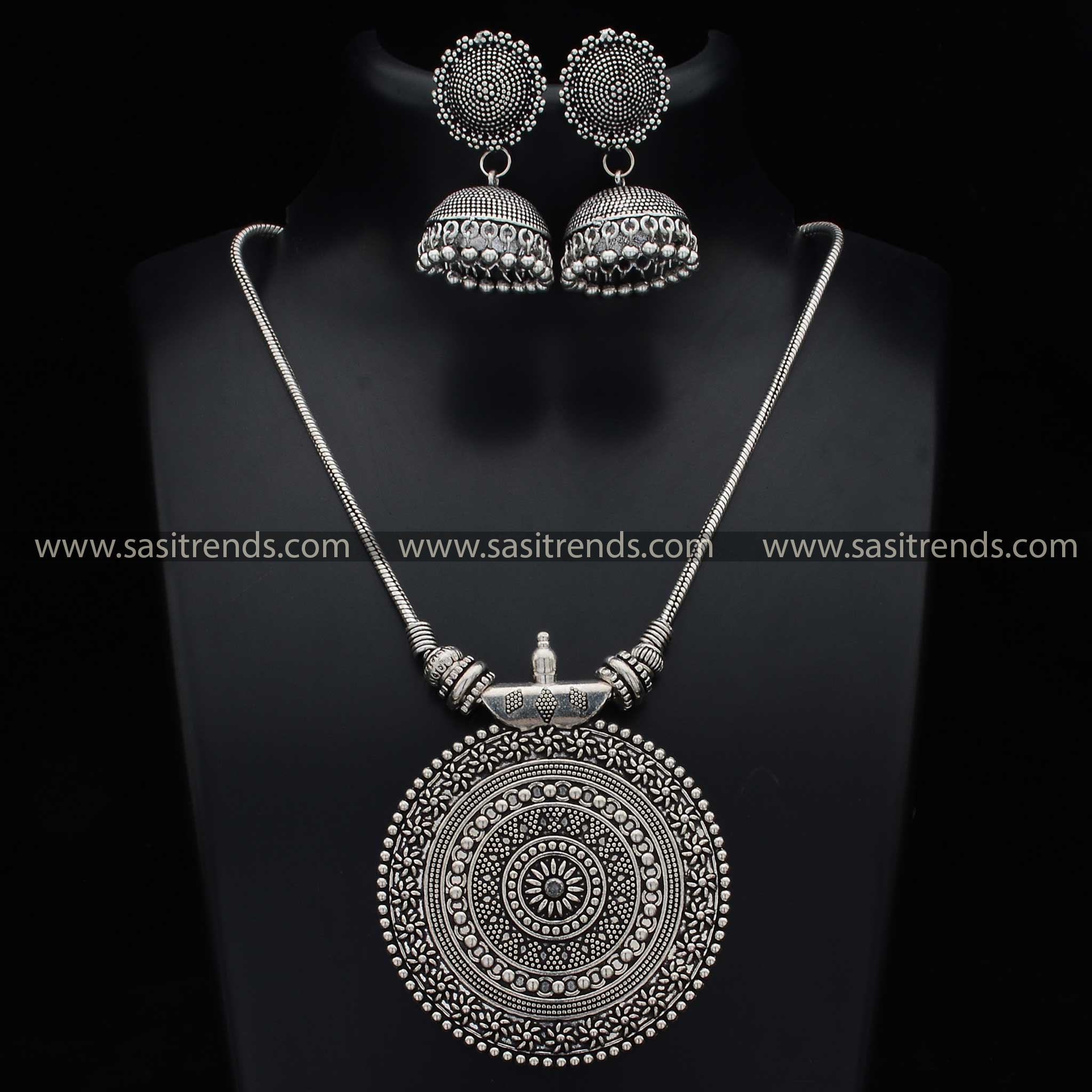 Oxidised Nayanthara Chakra Pendant Necklace Jhumka Earrings Navarathiri Special