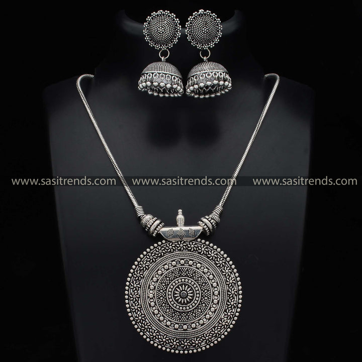 Nayanthara Chakra Pendant Chain Oxidised Jewellery Set with Jhumka Earrings