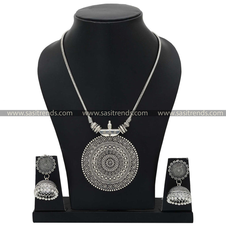 Traditional Oxidised Chakra Pendant Necklace and Jhumka Earrings by Nayanthara Pendant Sasitrends Online Shopping