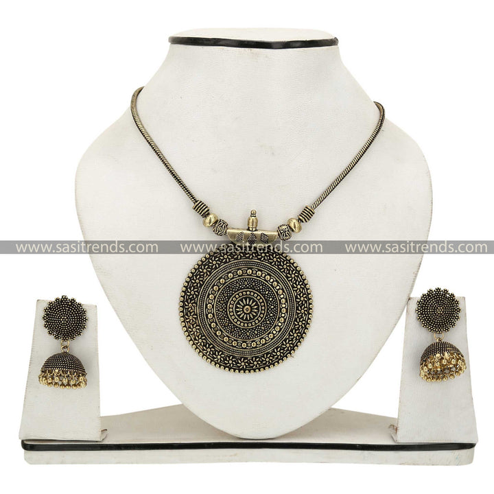 Traditional Oxidised Chakra Pendant Necklace and Jhumka Earrings by Nayanthara