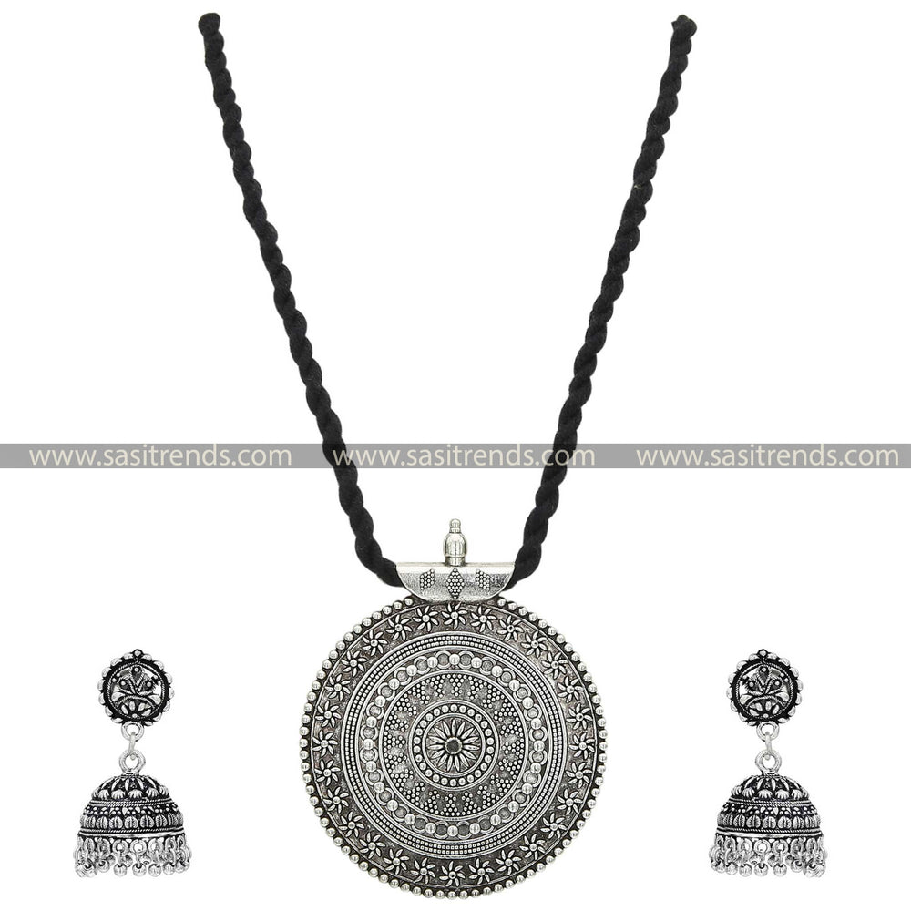 Oxidised Mandala Pendant and Jhumka Set with Long Black Thread