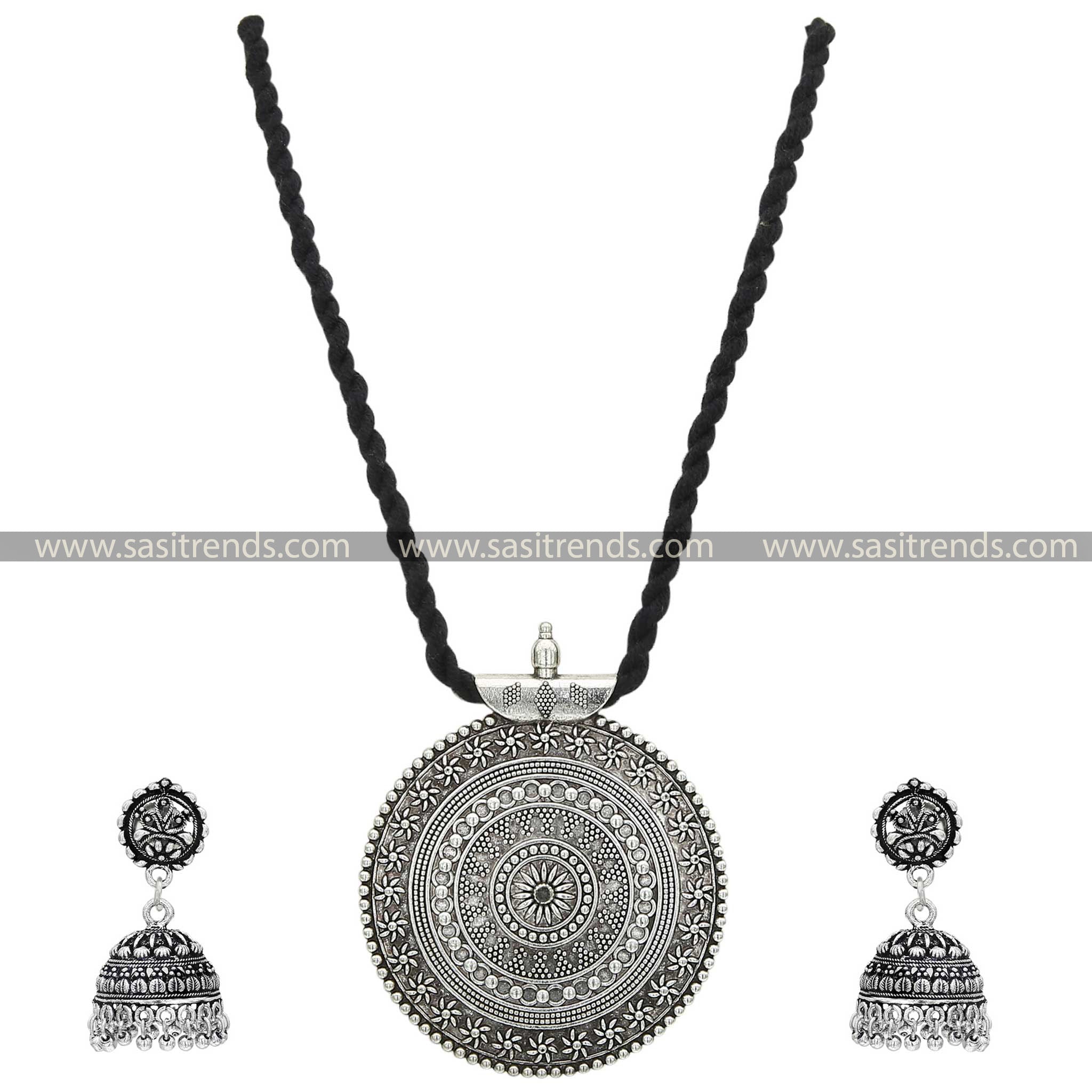 Oxidised Mandala Pendant and Jhumka Set with Long Black Thread