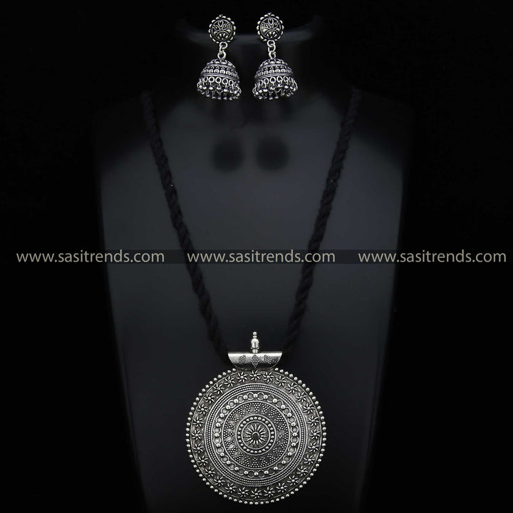 Antique Style Oxidised Silver Pendant and Jhumka on Black Necklace Jewellery Set Sasitrends Online Shopping