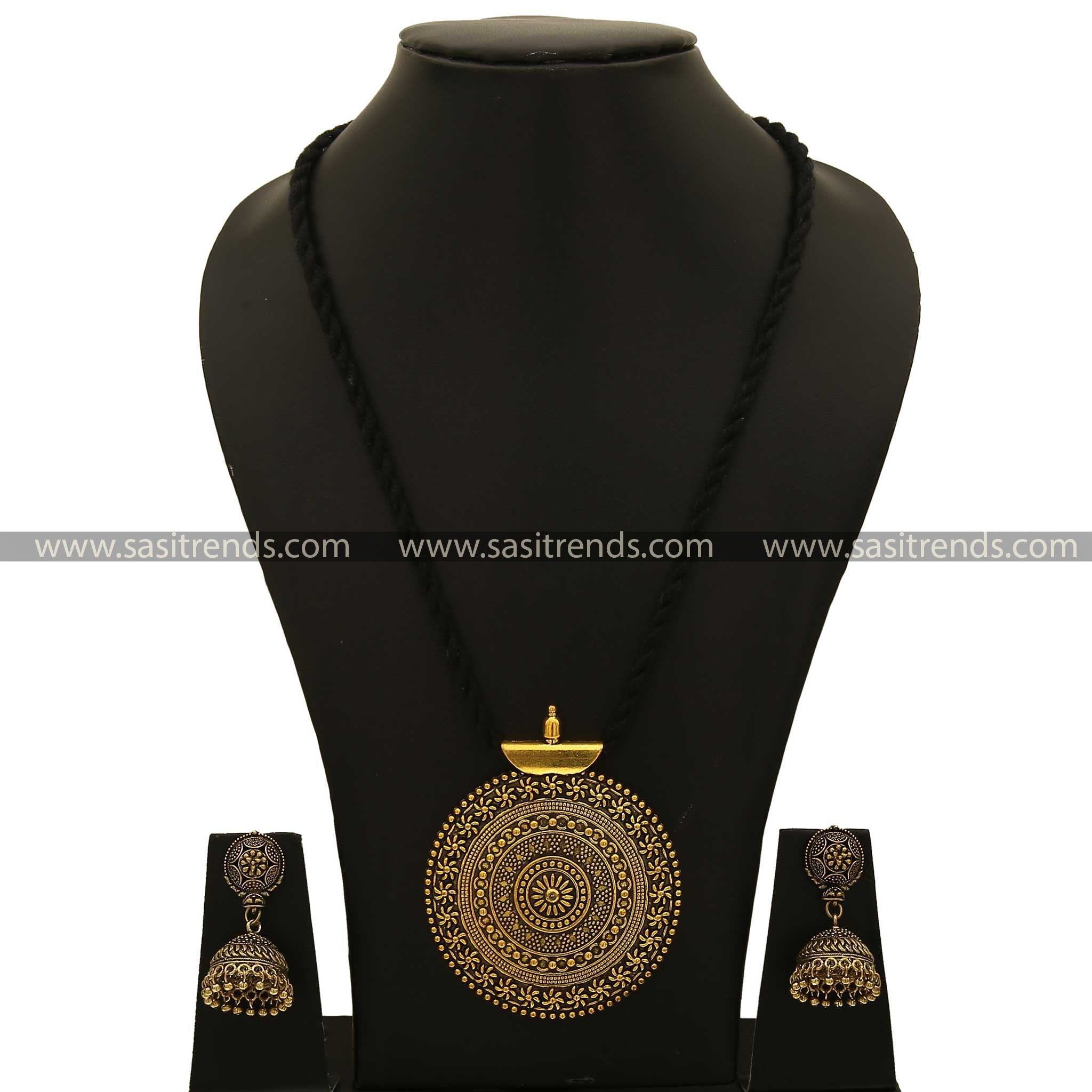 Vintage Inspired Antique Gold Pendant Jhumka with Black Thread Necklace