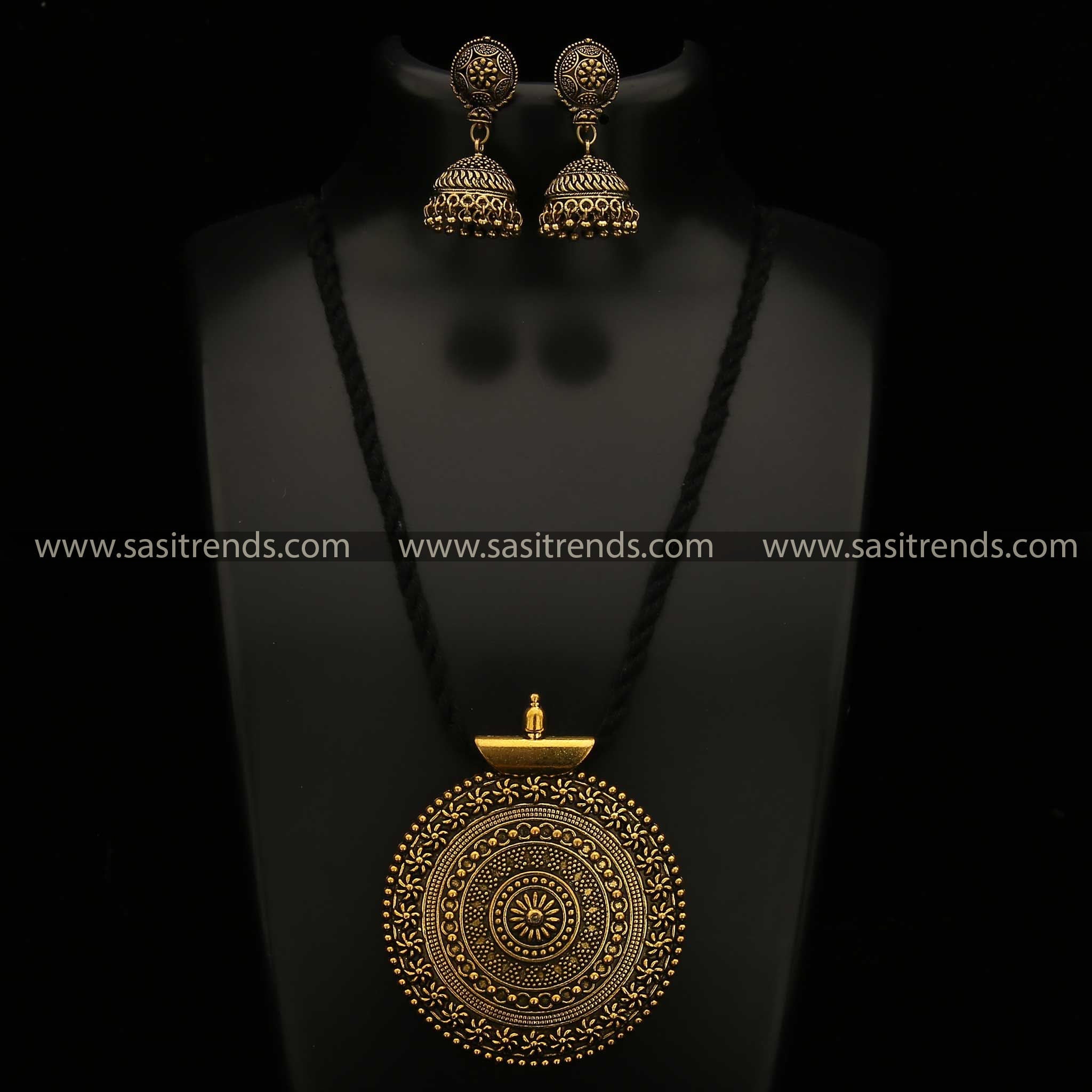 Niranjana Antique Gold Pendant on Black Thread with Jhumka Earrings Jewellery Set Navarathiri Elegance