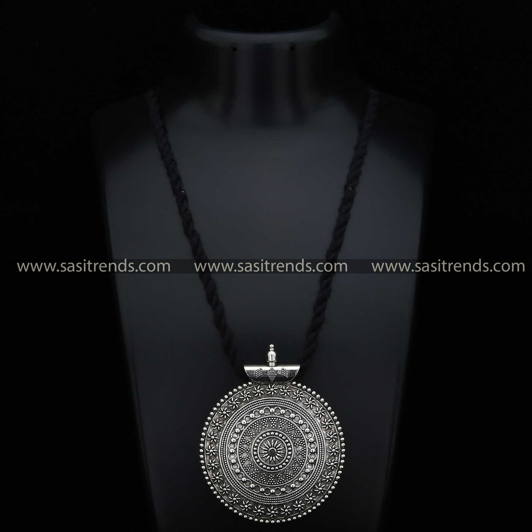 Niranjana Oxidised Mandala Pendant on Elegant Long Black Thread Navarathiri Special Necklace