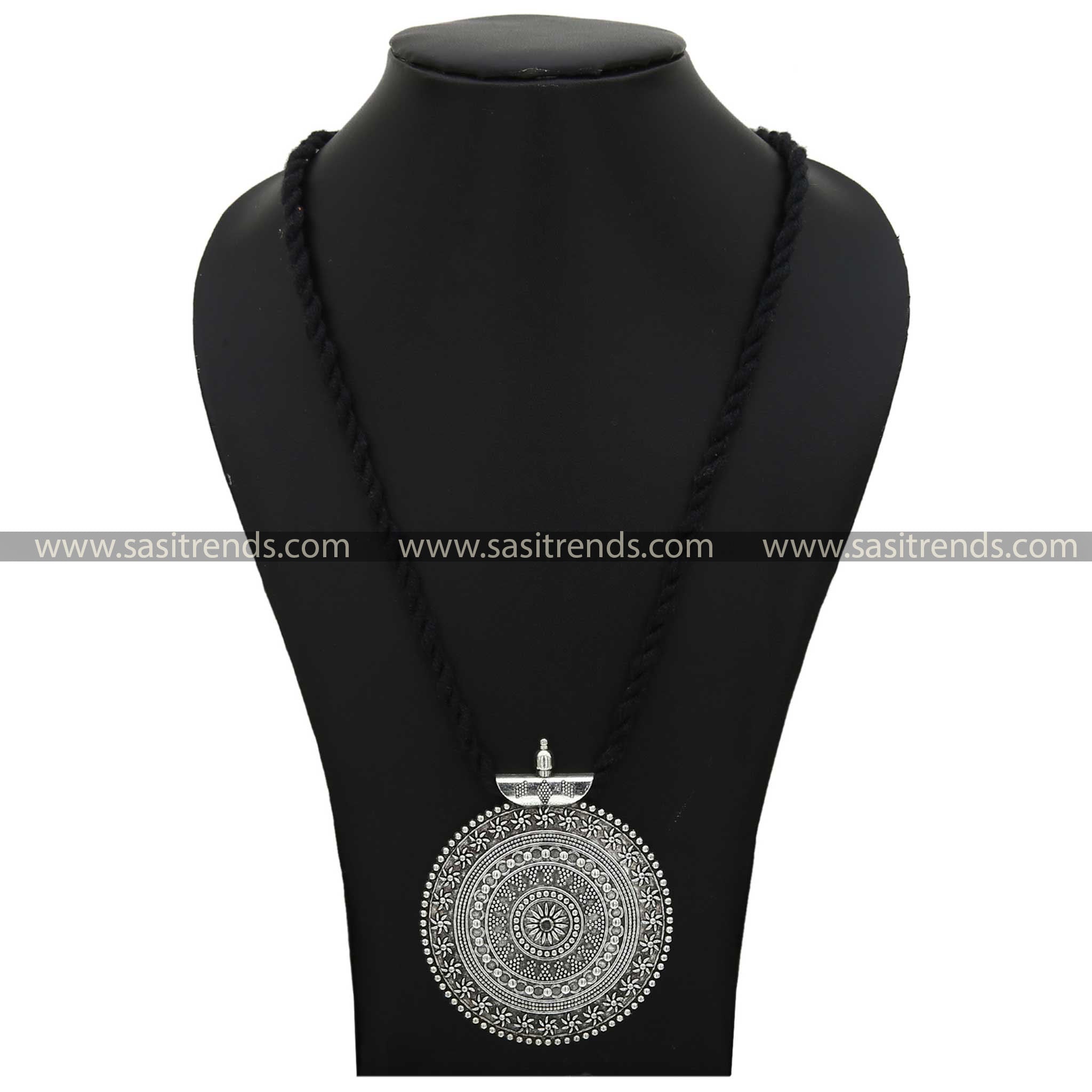 Long Black Thread Necklace with Oxidised Mandala Pendant by Niranjana Navarathiri Jewellery