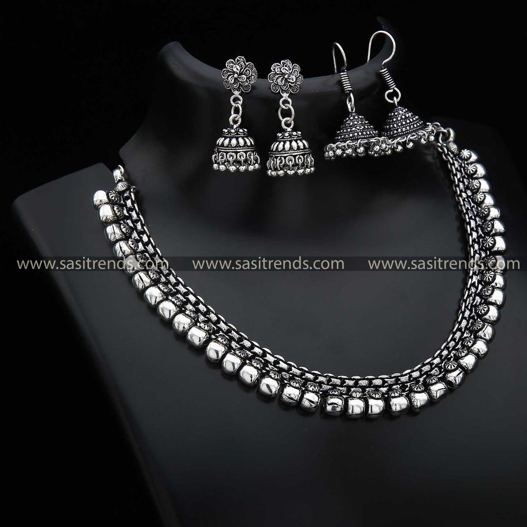 Aabharana Oxidised Silver Necklace Set with Dual Jhumka Earrings Jewellery Set Navarathiri Collections