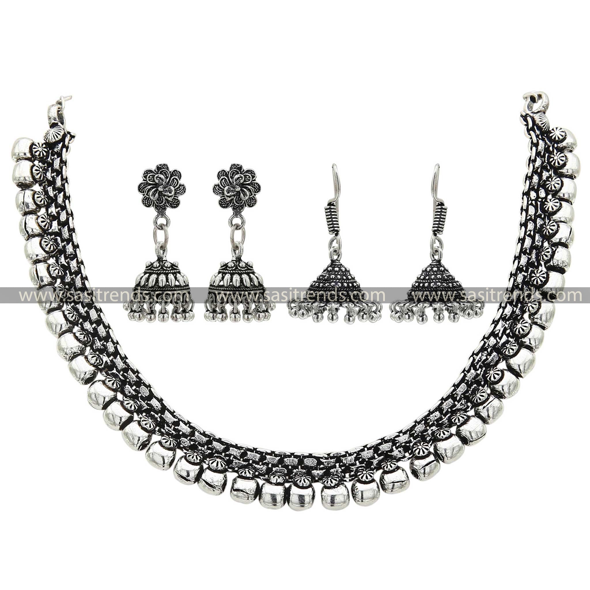 Elegant Oxidised Silver Necklace with Two Earring Styles by Aabharana Sasitrends Online Shopping