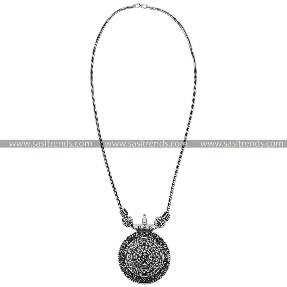 Roopasi Small Chakra Pendant Chain Necklace in Oxidised Silver and Antique Gold - Sasitrends