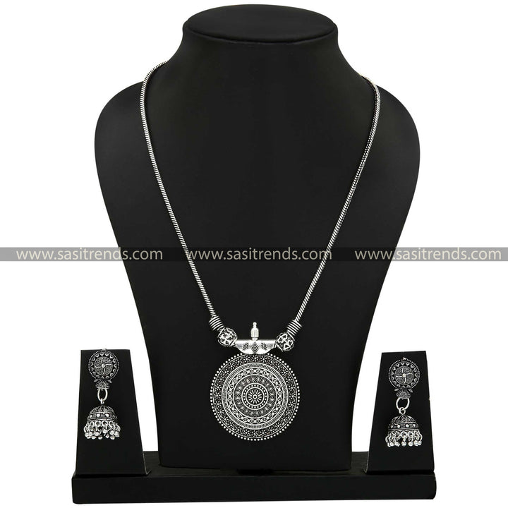 Delicate Oxidised Silver Chakra Pendant and Jhumka Earrings Set Navarathiri Special