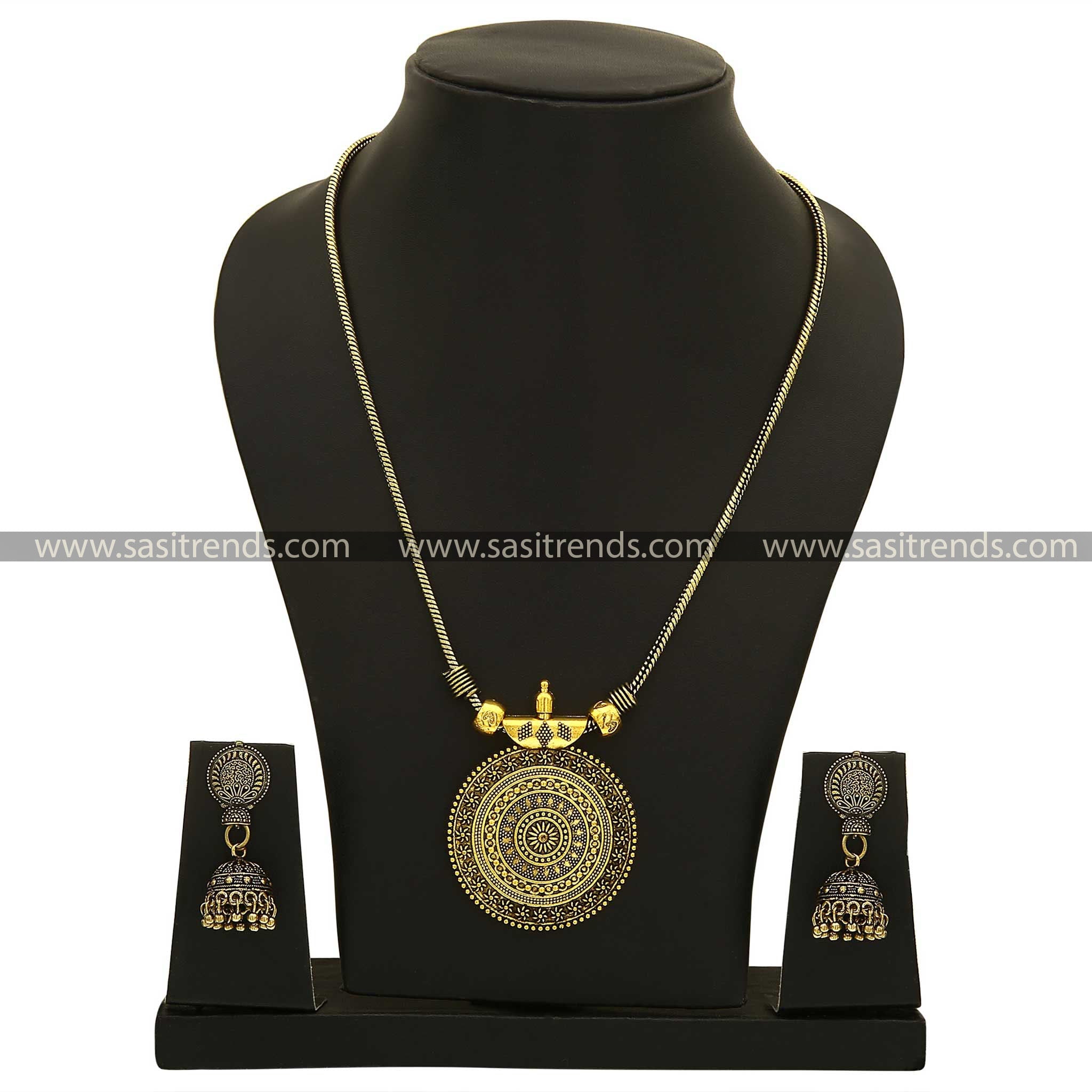 Delicate Antique Gold Chakra Pendant and Jhumka Earrings Jewellery Set