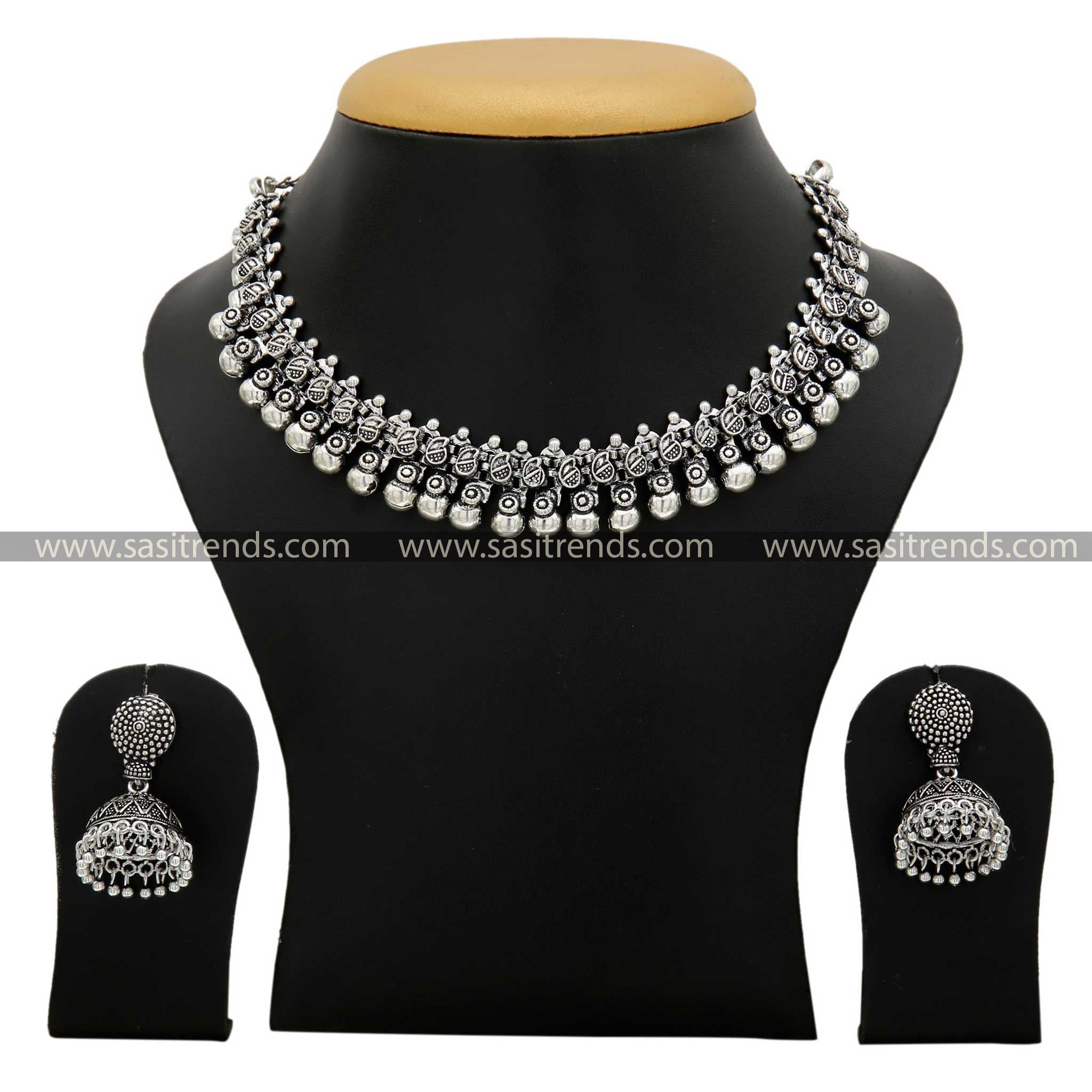 Artisanal Taralini Necklace and Jhumka Set in Oxidised Finish