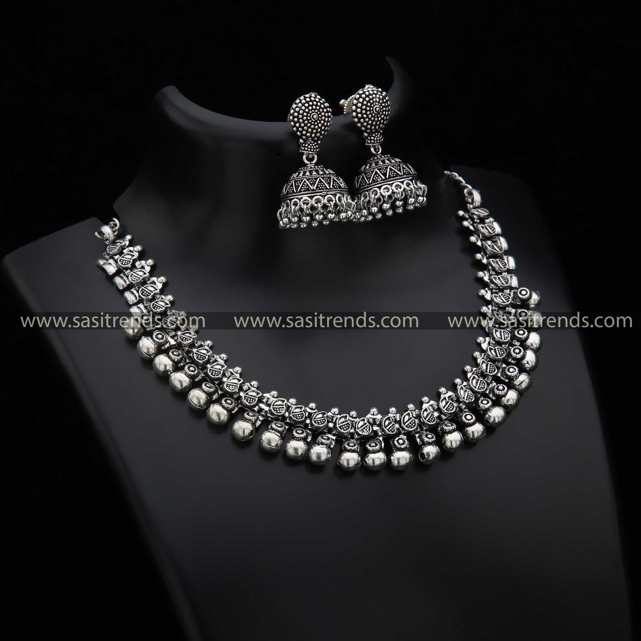 Navarathiri Special Taralini Oxidised Silver Ball Necklace and Jhumka Earrings Jewellery Set