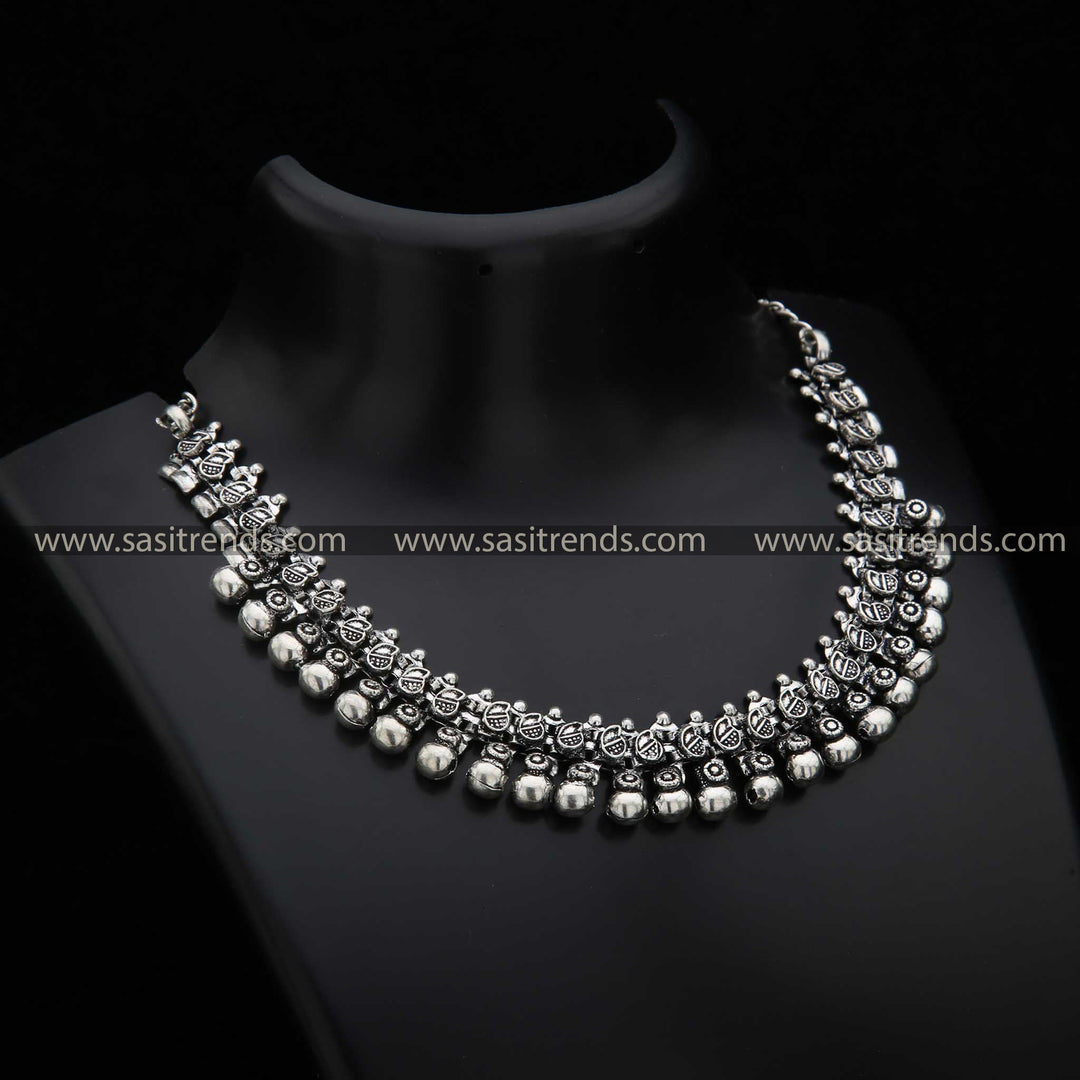 Taralini Oxidised Silver Ball Necklace with Intricate Detailing Navarathiri Special Necklace